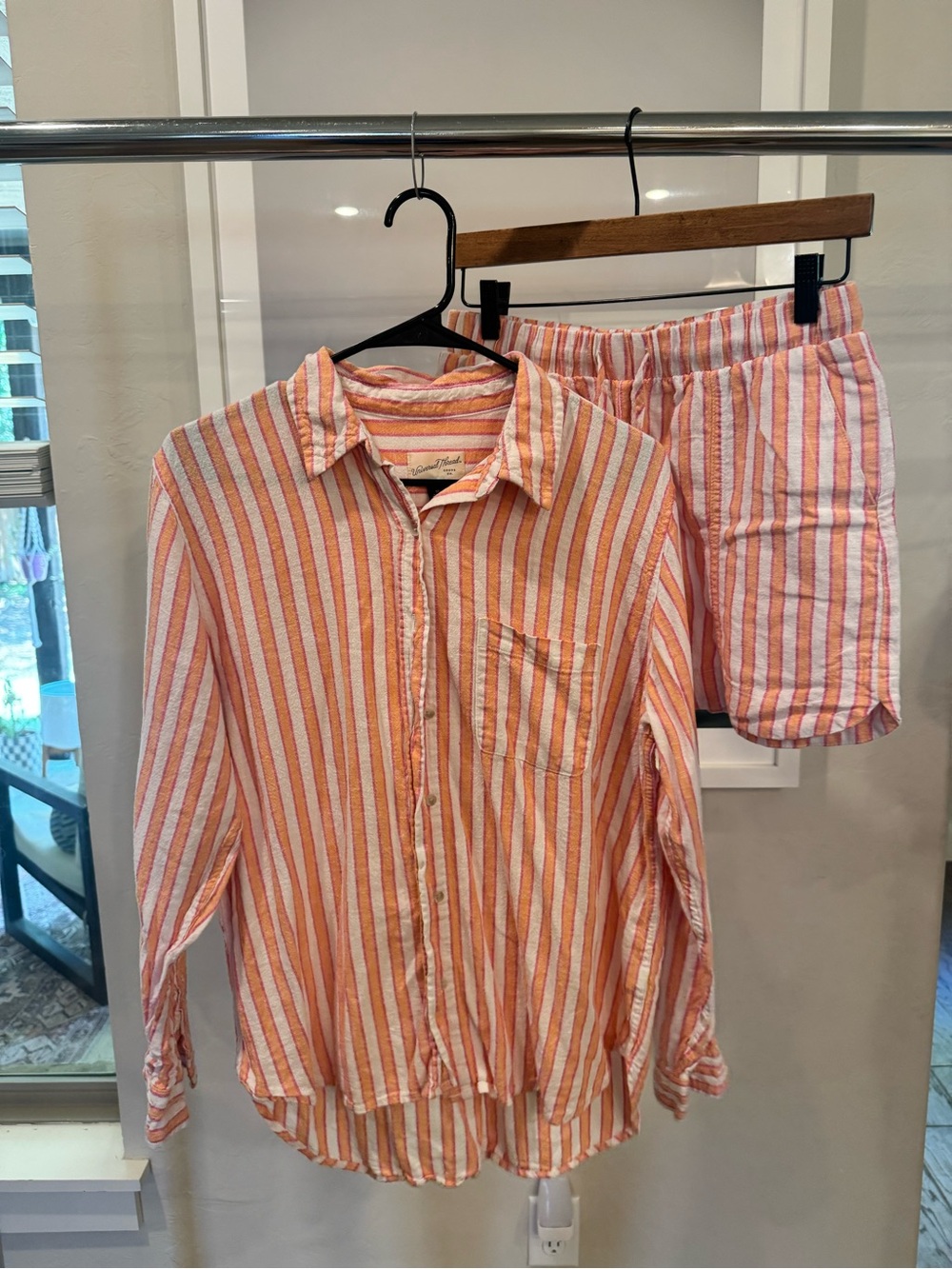 Universal Thread Orange & White Striped Button-Down Shirt and Shorts Set